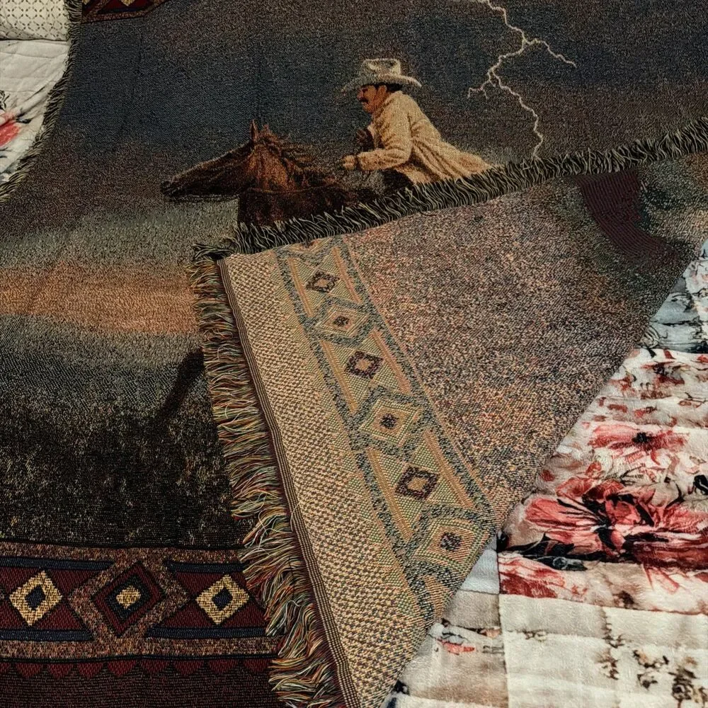 Vtg Mohawk Home Jack Terry Western Cowboy Woven Tapestry Throw Blanket 54x46 USA
